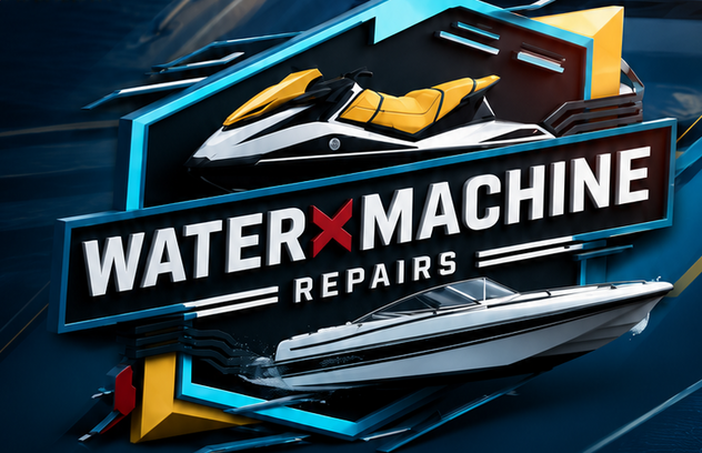 Logo completa WaterMachine Repairs com jet ski e lancha